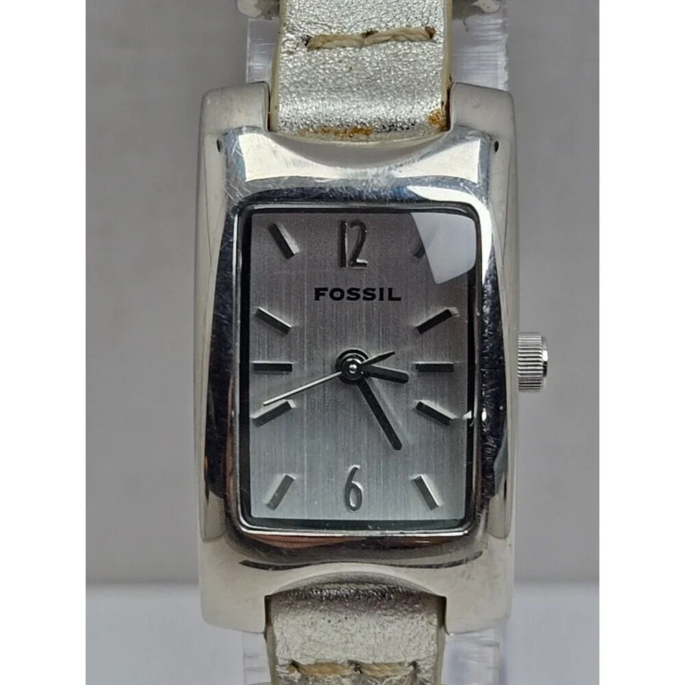 Fossil F2 ES1401 Womens Silver Link Leather Tank Watch New Battery Quartz Y2K